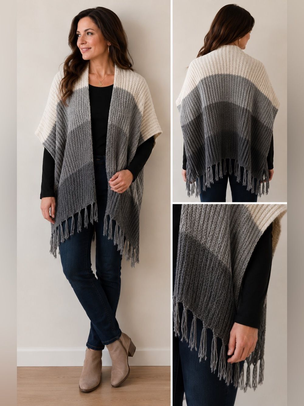 American Eagle gray stripe fringe sweater poncho shrug cape one size O/S